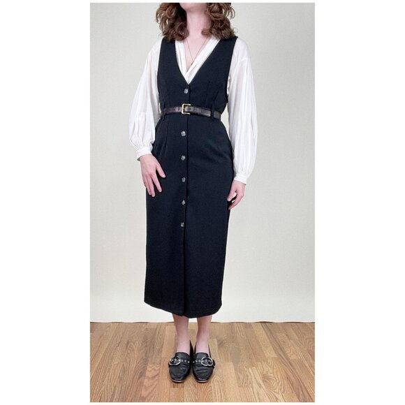 Vintage Pinafore Midi Dress Whimsigoth Dark Academia Fall Winter Preppy 80s 90s - Picture 1 of 11